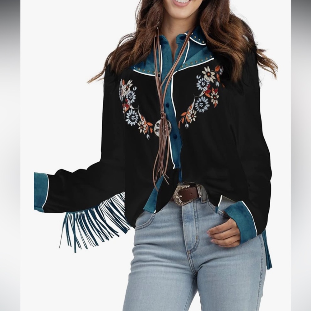 🆕 JOHN MOON 🤠 Vintage-Inspired Western Shirt Embroidered Fringe Rodeo | Sz M - Picture 8 of 8
